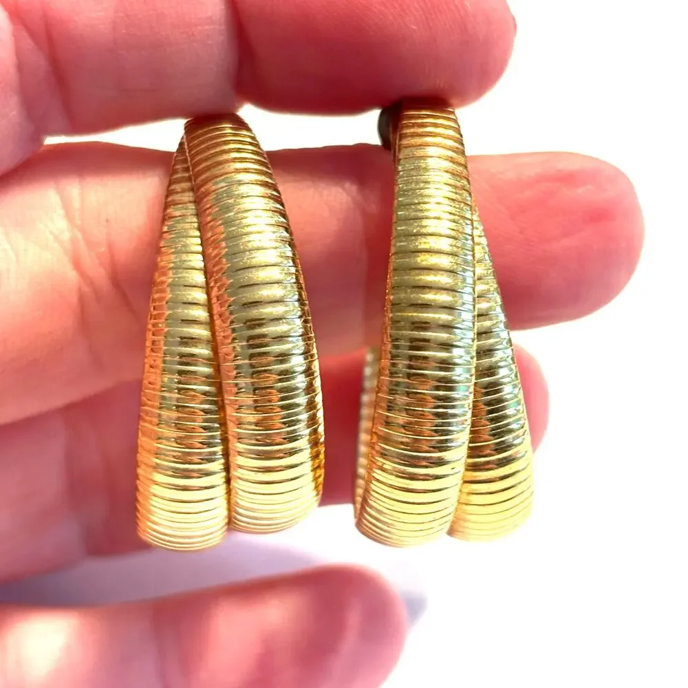 Pierced earrings textured goldtone double hoops mod fashion statement jewelry
